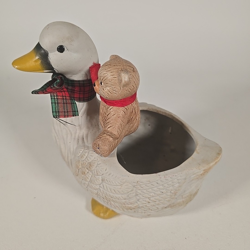 Vintage Ceramic Teddy Bear on Goose Back‎ Bows Candy Dish Planter Trinket Holder